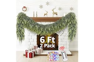 NUTIKAS Cedar Christmas Garland with Lights for Mantle - 2 pack Decorations 6 ft Realistic Lighted Faux Pine Garlands for Xmas Home Decoration Indoor Stairs Railing Fireplace Outdoor Prelit Garland Door Decor