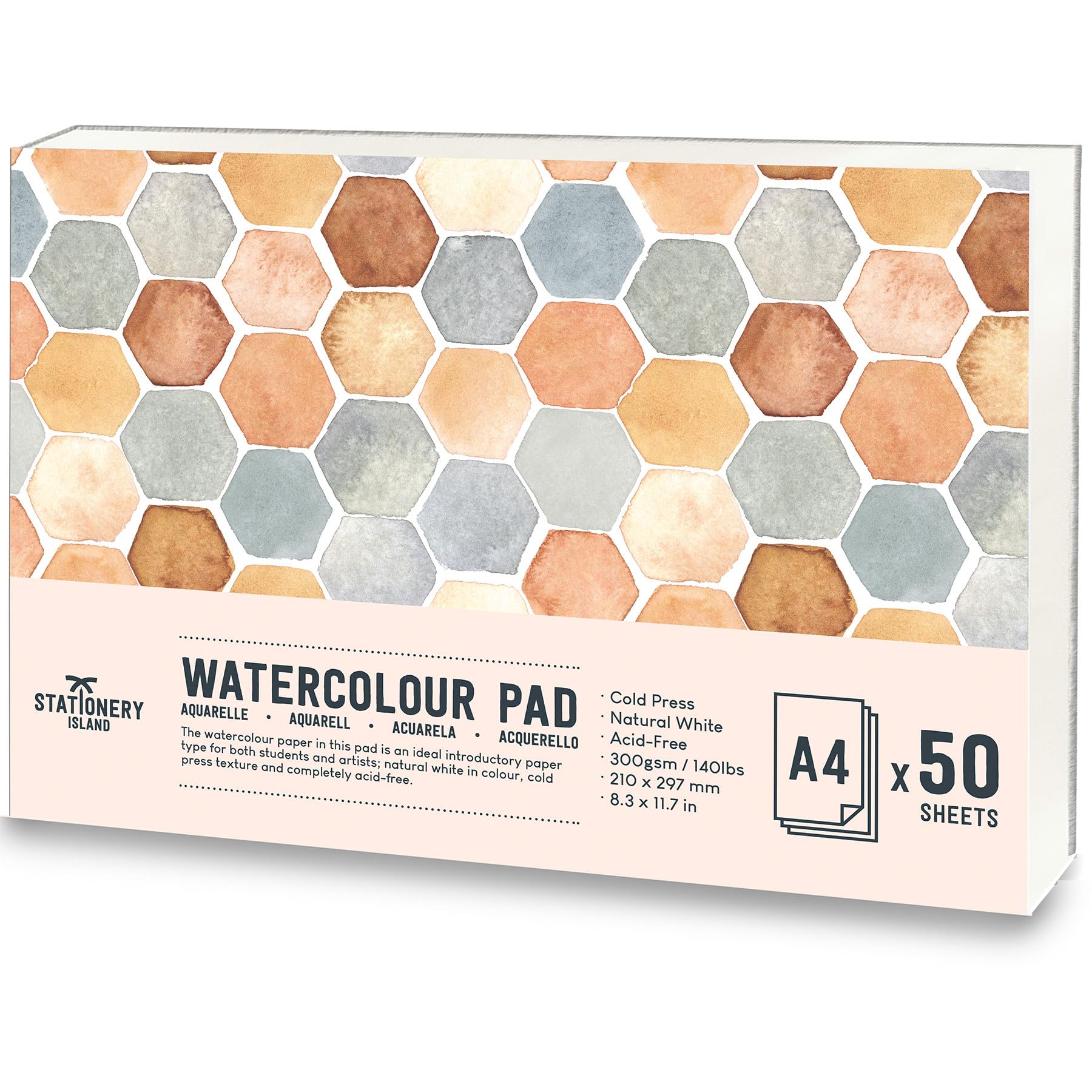 STATIONERY ISLAND Watercolour Paper A4 Pad 50 Sheets, 300GSM Watercolour Sketchbook Natural White, Water Colour Paper for Artist Student Kids Landscape Painting, Drawing and Sketching