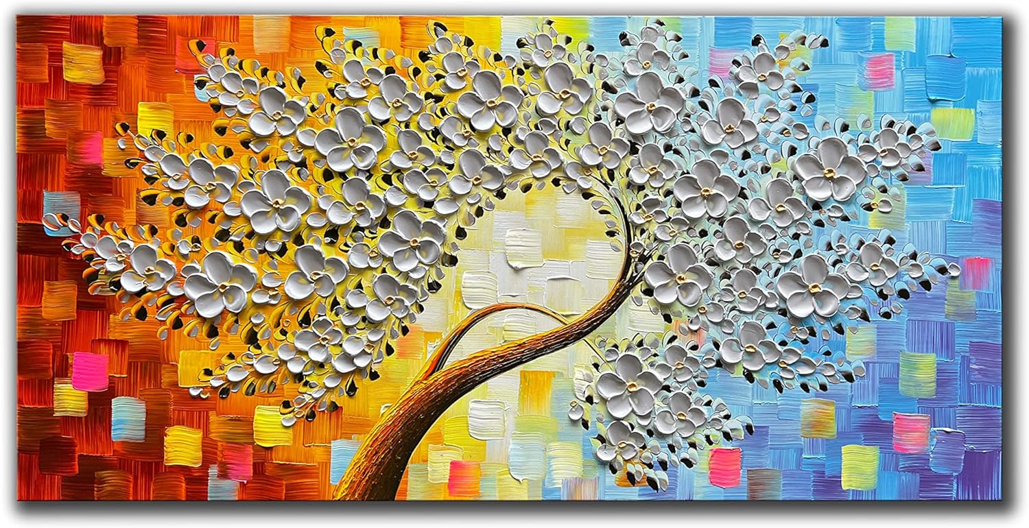 Paintings - JELRINR 3D Contemporary Art Oil Painting On Canvas Texture silver Flower Tree paintings Canvas Wall Abstract Artwork Home living Room Decor paintings Framed Ready to Hang 24x48inch