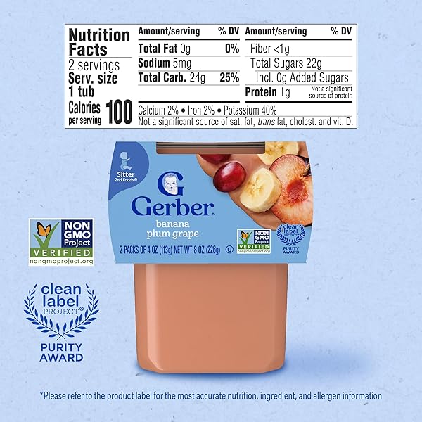GERBER STAGE 2 BABY FOOD, BANANA PLUM GRAPE PUREE TUBS, NO ARTIFICIAL COLORS OR FLAVORS, BABY PUREE, 2-PACK