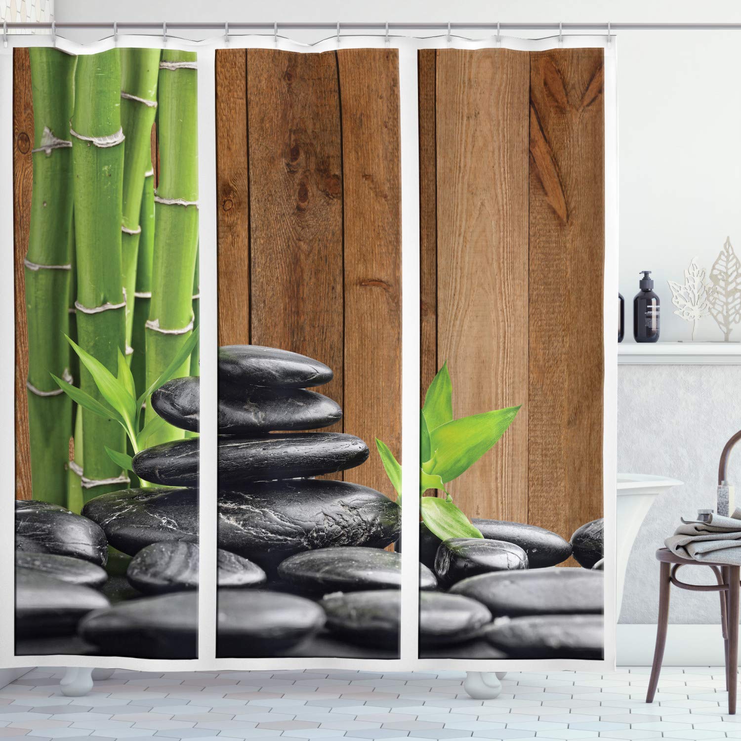 ABAKUHAUS Stones Shower Curtain, Bamboo Branches and Dark Colored Spa Rocks as Modern Rectangular Frames, Cloth Fabric Bathroom Decor Set with Hooks, 86 Inches Extra Long, Dark Grey Brown Green