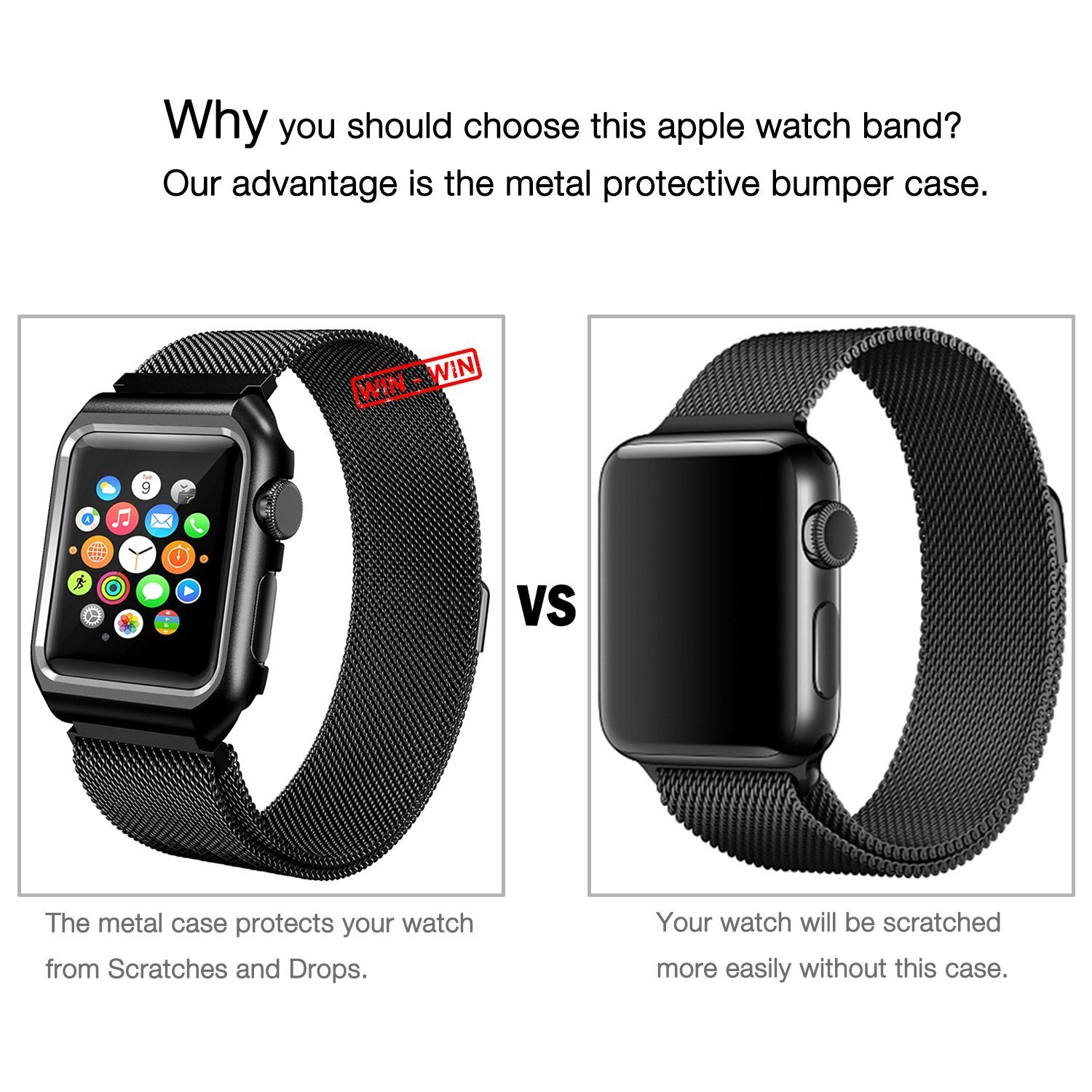 Aifulo Apple Watch Band 42mm, Adjustment Milanese Loop Stainless Steel Mesh Magnetic Replacement Wrist Band with Metal Protective Case for Apple Watch 42mm Series 1 Series 2 Series 3 - Black