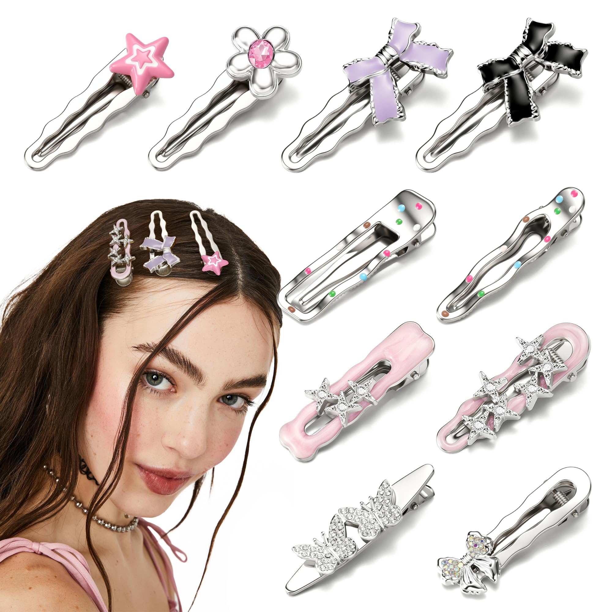 Photo 1 of 10 PCS Silver Hair Clips Metal Alligator Clips for Hair Styling Star Bow Butterfly Flower 2000s Duckbilled Hair Accessories for Girls Non Slip Hair Barrettes for Women Cool Hairpin Set