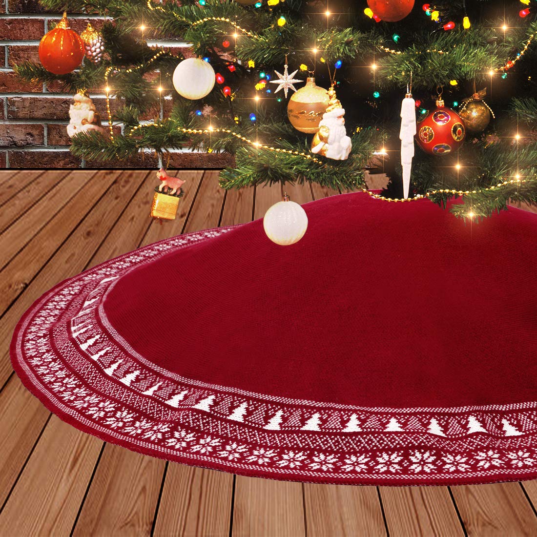 Dremisland Large Christmas Tree Skirt, 36 Inch Cable Knit Knitted Thick Rustic Tree Skirt with Snowflake Xmas Tree Mat Burgundy Xmas Tree Skirt Mat Base Cover for Home Party Holiday Decoration