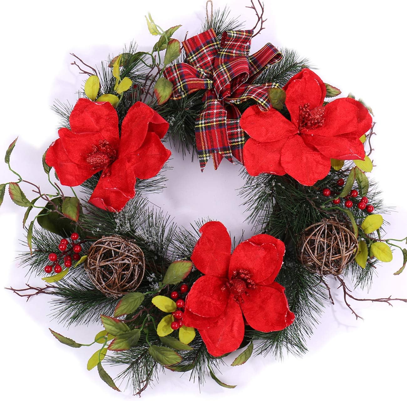 Darget Red Poinsettia Wreath - 20" Christmas Artificial Flowers Ribbon Bow Berries Floral Holiday Fall Winter Festival Decorative Ornament Front Door Fireplace Wall Home Decor Indoor
