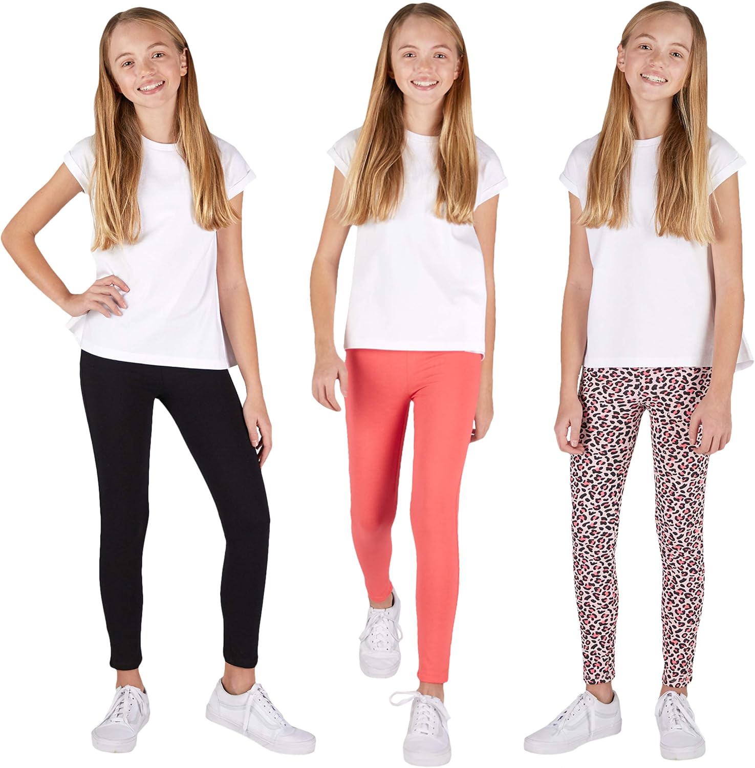 LEE 3 Pack Leggings for Girls | A Stylish Mix of Solid Color or Prints, Super Soft Pull on Leggings for All Day Comfort: Clothing