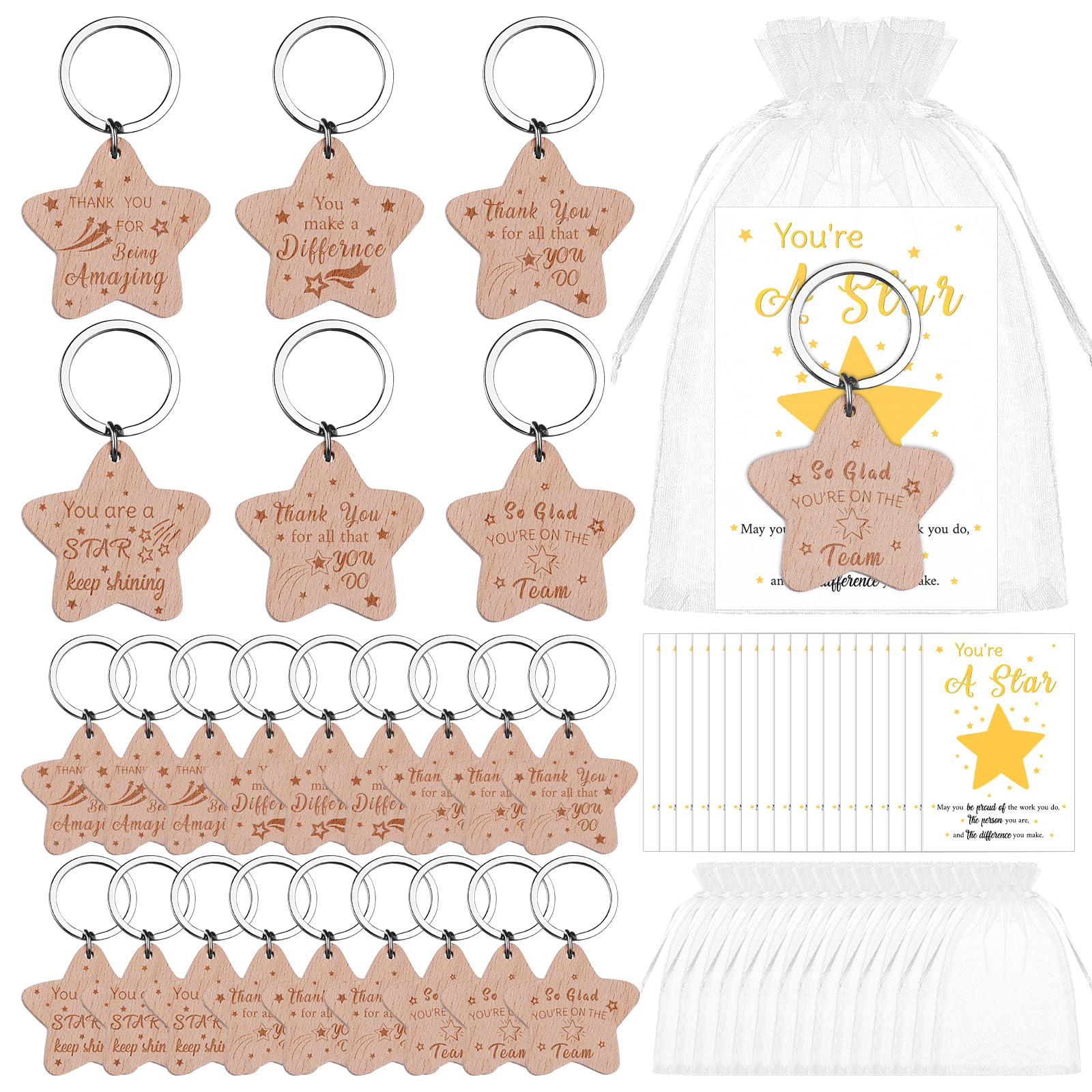18 Sets End of Term Gifts Inspirational Wooden Star Keychains You're a Star Keychains Bulk and Organza Bags School Leavers Gifts for Children Coworkers Teachers Students,Graduation Gifts(6 Style)