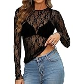 OFEEFAN Womens Mesh Tops Lace Long Sleeve Shirts Crewneck Slim Fitted Outfits See Through Blouses