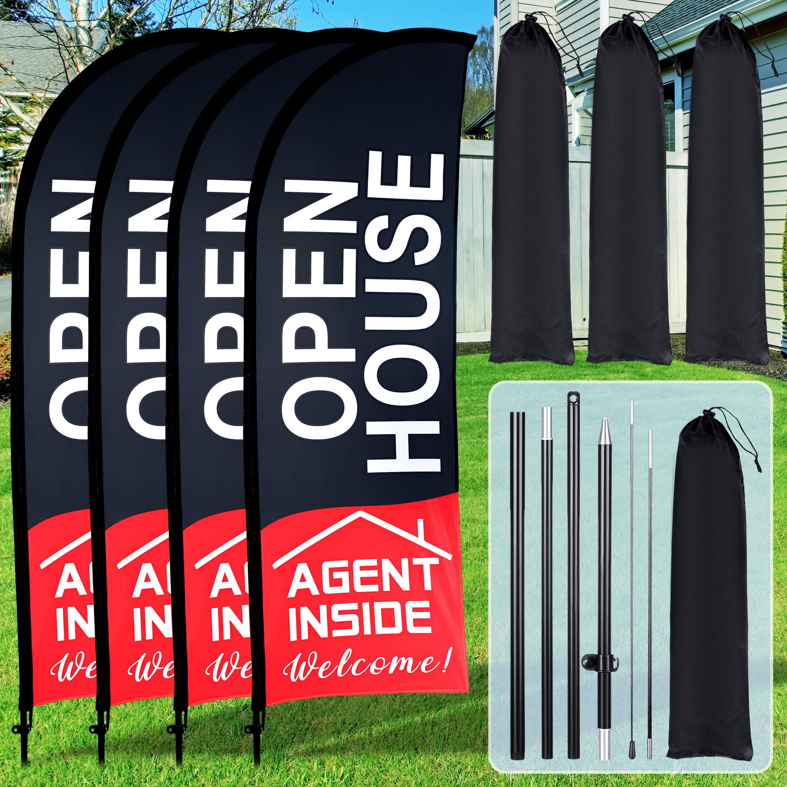 Photo 1 of *** 3PACK *** Buryeah 4 Pack Open House Flags Signs for Real Estate Agents 7x5.4 Ft Feather Flag Sign with Flagpole Ground Stake Portable Bag Real Estate Flags Opening Signs Banner Set for Business (Black)