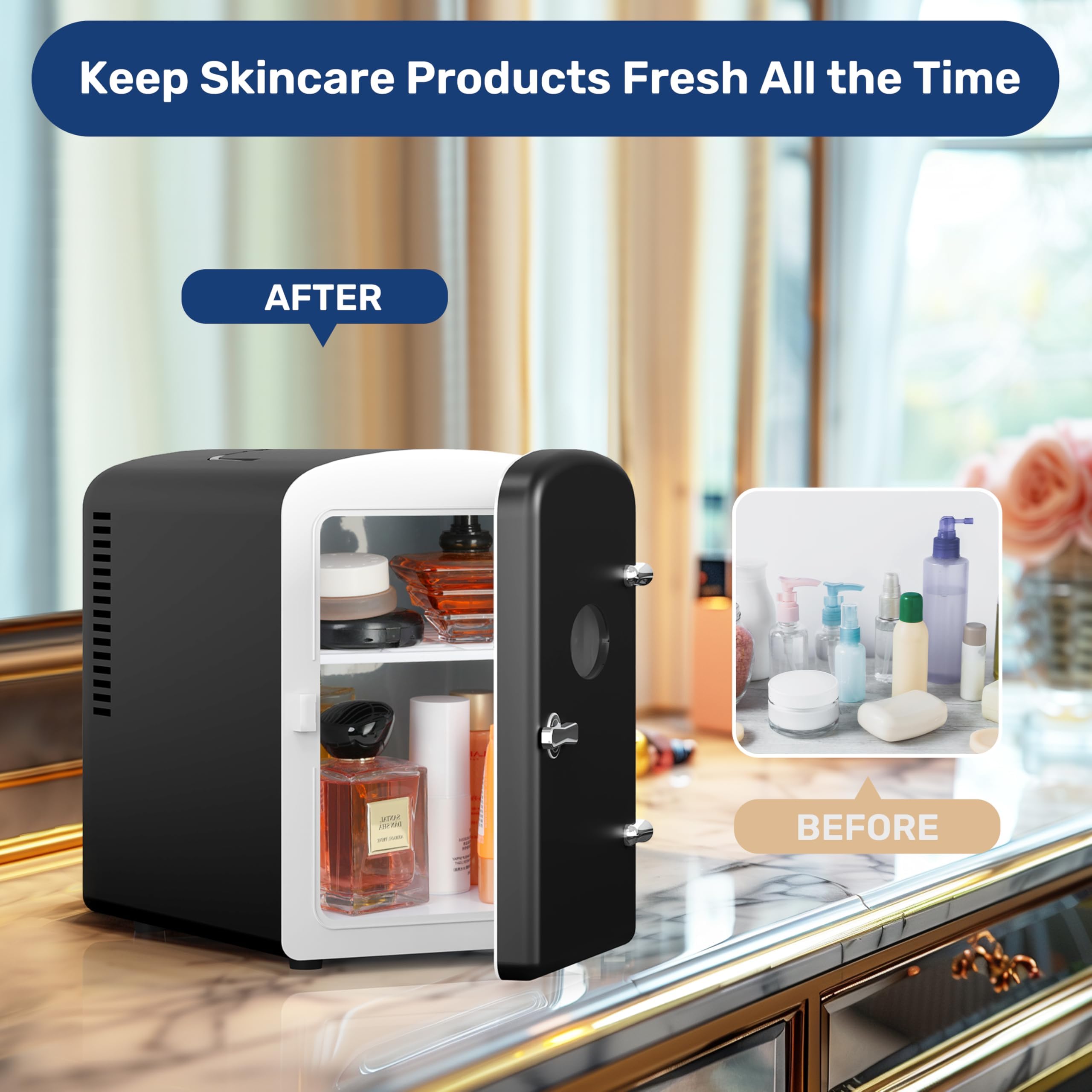 Simple Deluxe 9 Can Mini Observation, Portable Cooler & Warmer Freon-Free Small Refrigerator, Compact Fridge for Skincare, Beverage, 6L with Window, Black