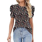 Ivicoer Puff Short Sleeve Shirt for Women Eyelet Tops Summer Crewneck Blouse Loose Fit S-XXL