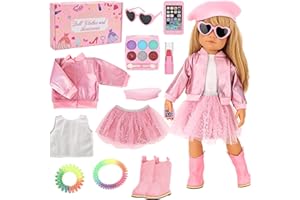 11 Pcs American 18 Inch Girl Doll Clothes & Accessories Include Beret T-Shirt Jacket Skirt Boots Phone Doll Makeup Playset Ey