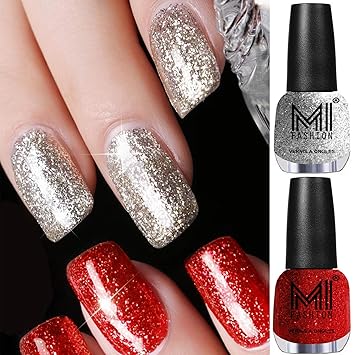 MI Fashion 12 ml each Platinum Glitter Long Lasting Nail Polish Colors at Your Fingertips(Silver and Red)