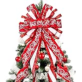 Christmas Tree Topper Christmas Wreath Bow, 52 * 13 inches Large Tree Toppers Bow with Crutch Patterned for Xmas Tree Décor Christmas Home Indoor Outdoor Decoration Multicolor