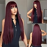 PARK YUN Burgundy Red Wig with Bangs 28 Inch Long Straight Dark Wine Red Synthetic Hair for Women Girls Heat Resistant Colored Cosplay Daily Party Halloween Use