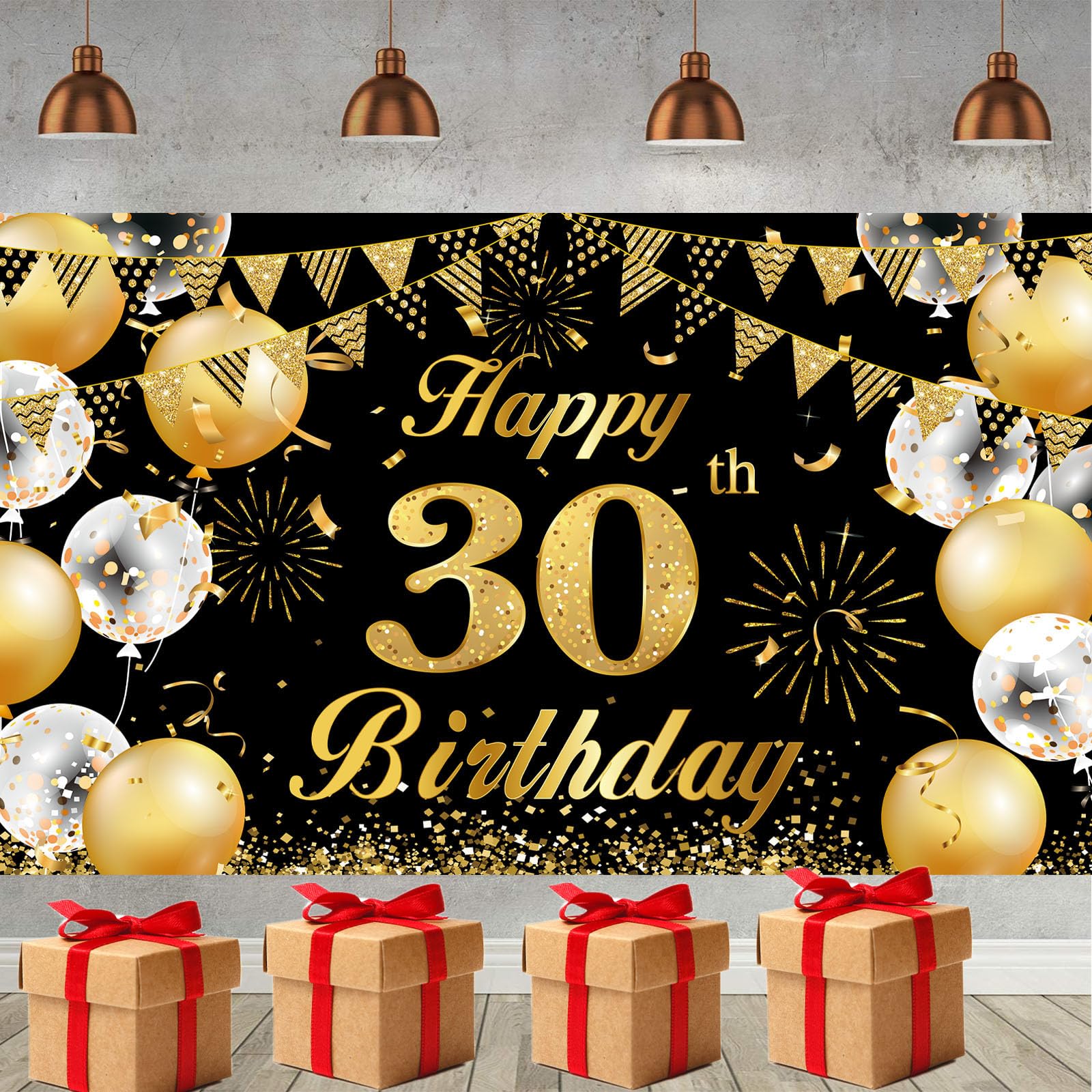 30th Birthday Banner, Happy 30th Birthday Banner Black Gold, 30 Banner Decorations for Men Women 30 Party Decoration 180cmx110cm