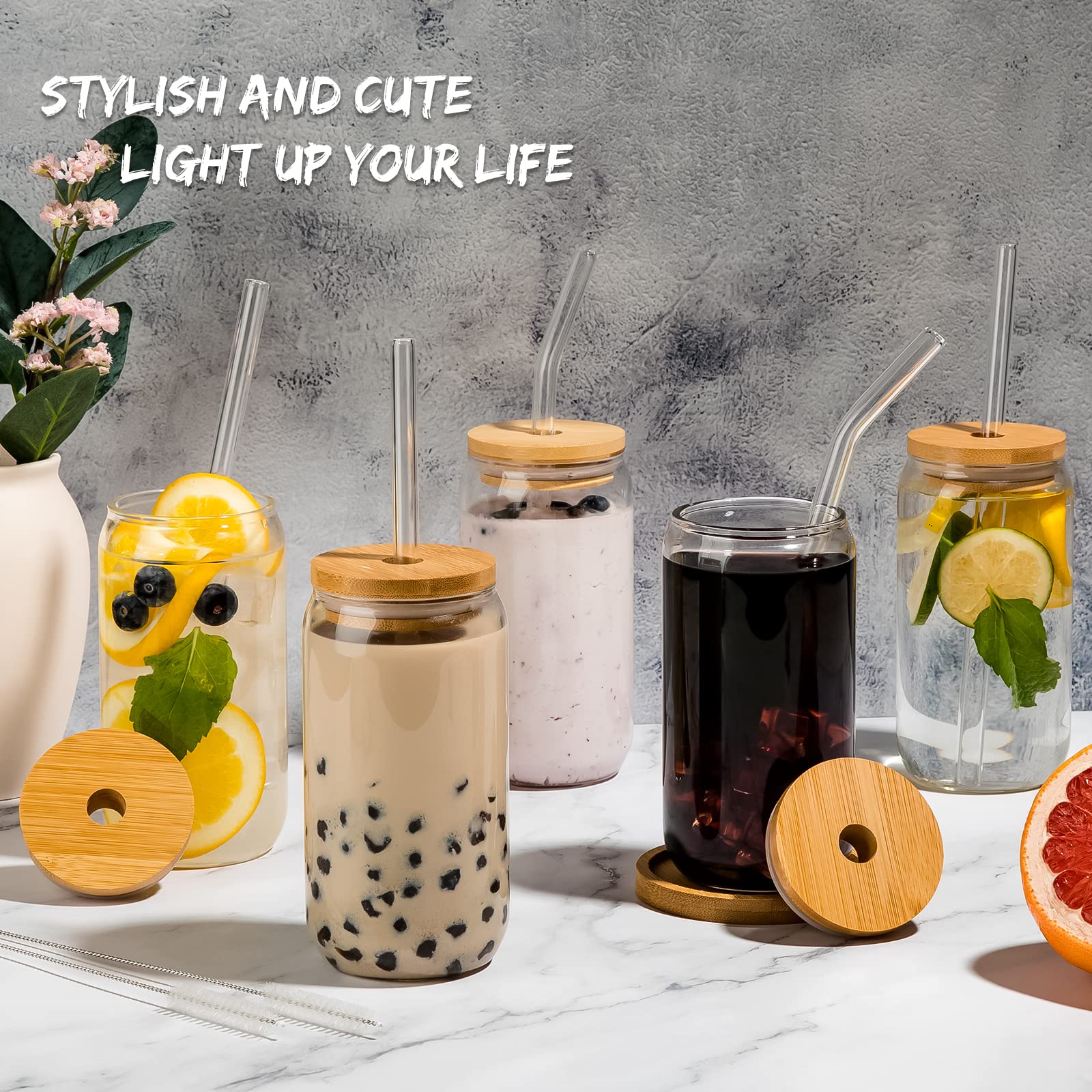 Mua 16 Oz Drinking Glasses with Bamboo Lids and Glass Straw - 6 Pcs ...