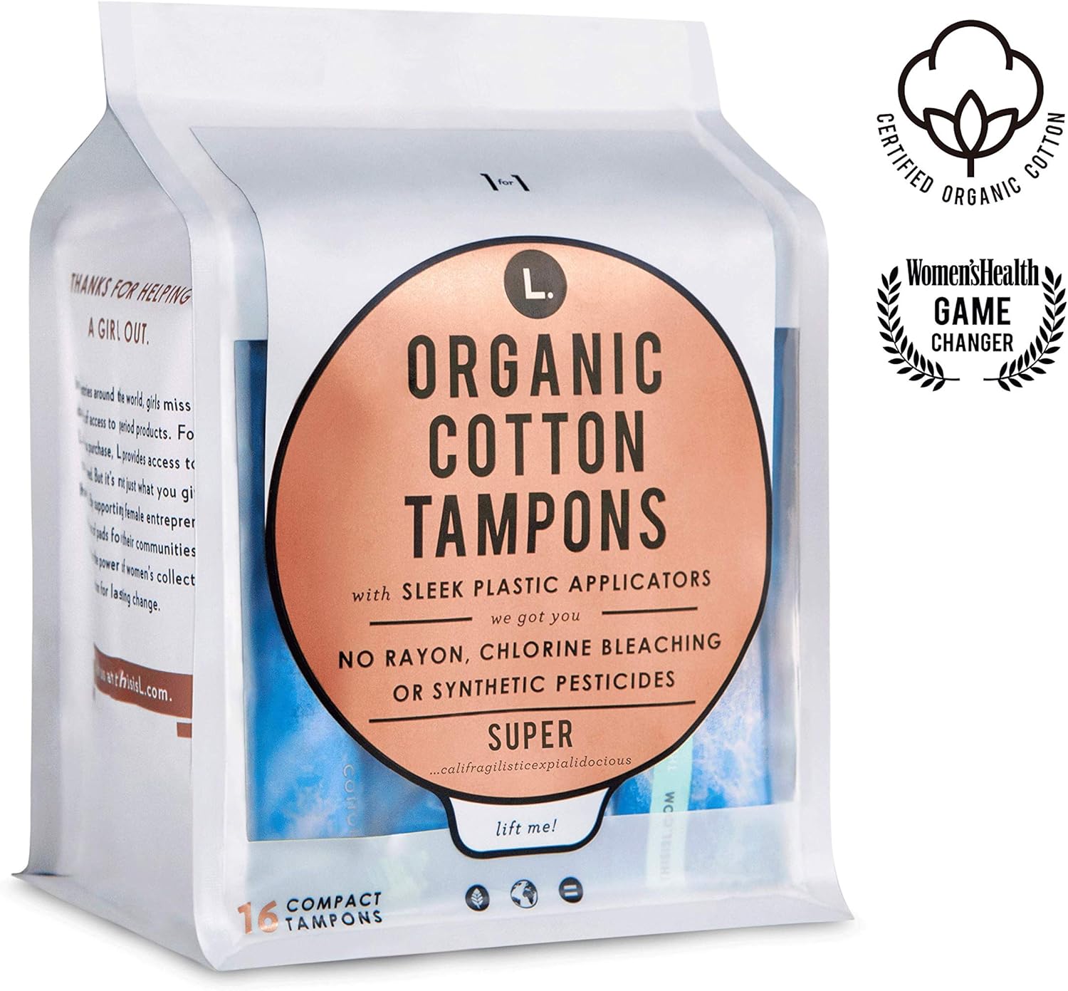 L. Organic Cotton Tampons with BPAFree Applicators, Super