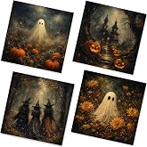50Pcs Halloween Paper Napkins - 4 in1 Designs 2-Ply, 6.5 × 6.5 inchs | Disposable Decoupage Luncheon Napkins, Vintage Pumpkin Haunted House Design for Halloween Birthday Party Table Decor
