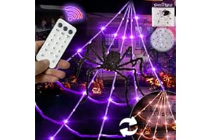 HBSTK 12 Modes 17 * 16FT Halloween Light Up Spider Web 150 Led Purple & Orange Lights Battery Operated with 5Ft Giant Spider 200sqft Cobweb 50 Small Spiders for Indoor and Outdoor Decor Yard Decoration