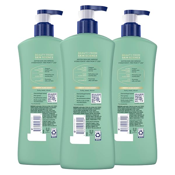 VASELINE INTENSIVE CARE BODY LOTION FOR DRY SKIN SOOTHING HYDRATION LOTION MADE WITH ULTRA-HYDRATING LIPIDS + 1% ALOE VERA EXTRACT TO REFRESH DEHYDRATED SKIN 20.3 OZ, PACK OF 3 (PACKAGING MAY VARY)