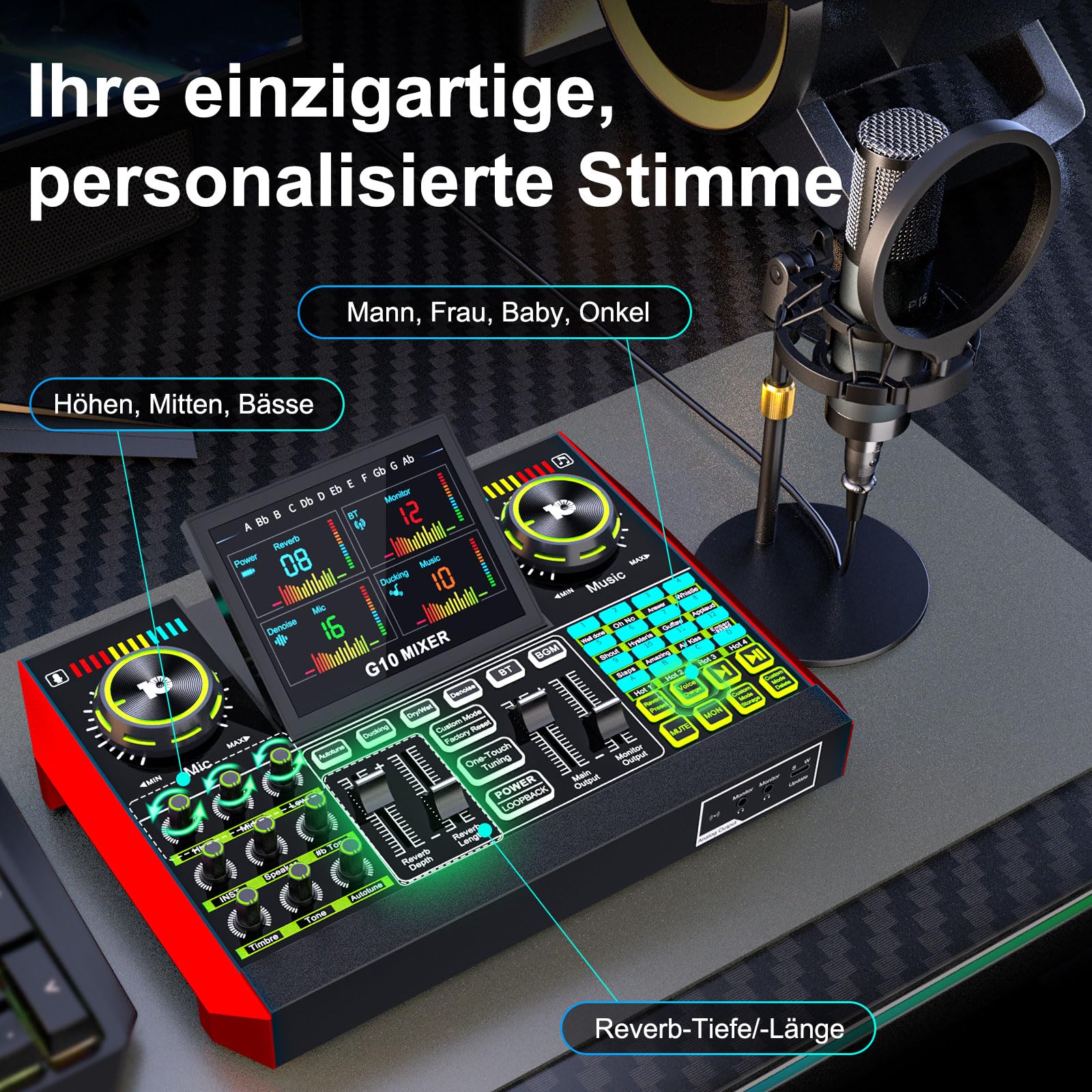 Podcast Mikrofon Set mit Audio Mixer, 3,5mm Kondensator Mikrofon für Streaming & Gesang, Voice Changer, Rauschunterdrückung, Plug & Play für PC, Handy, YouTube & TikTok Creator 3