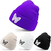4 Pieces Beanie Hats for Men Women Soft Winter Hats Warm Cuffed Knit Skull Cap for Winter, Butterfly Style, Assorted Colors