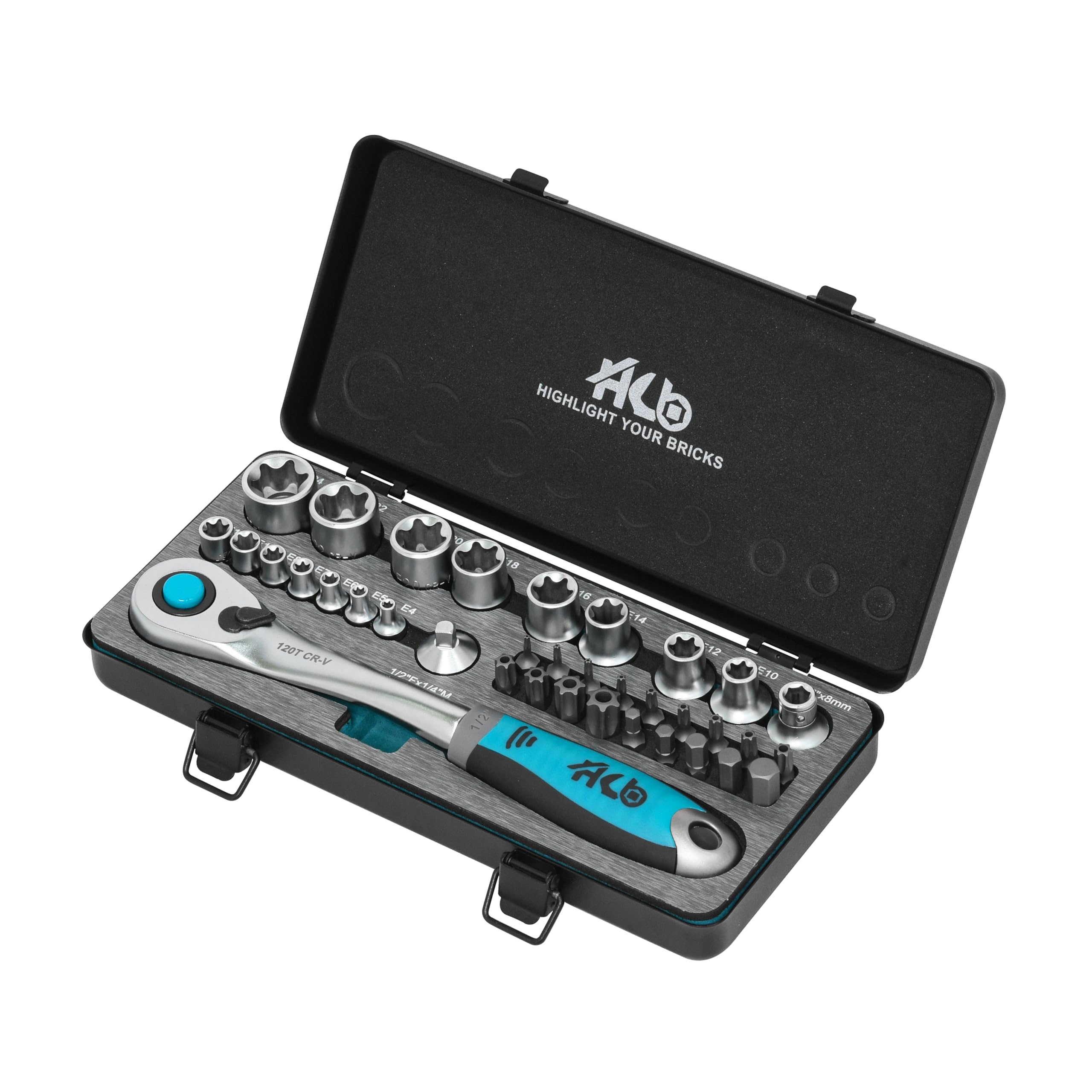 HB 120-Tooth Offset Ratchet Handle 1/2 Inch Drive 36 Piece E-Torx Socket Set Reversible Quick Release Chrome Vanadium Steel with EVA Insert Metal Storage Case Made in Taiwan AKM016-G