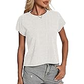 Womens Summer Tops, Cotton Crew Neck Cap Sleeve Loose Fit Shirts, Casual Trendy Lightweight Pullover Basic Tees