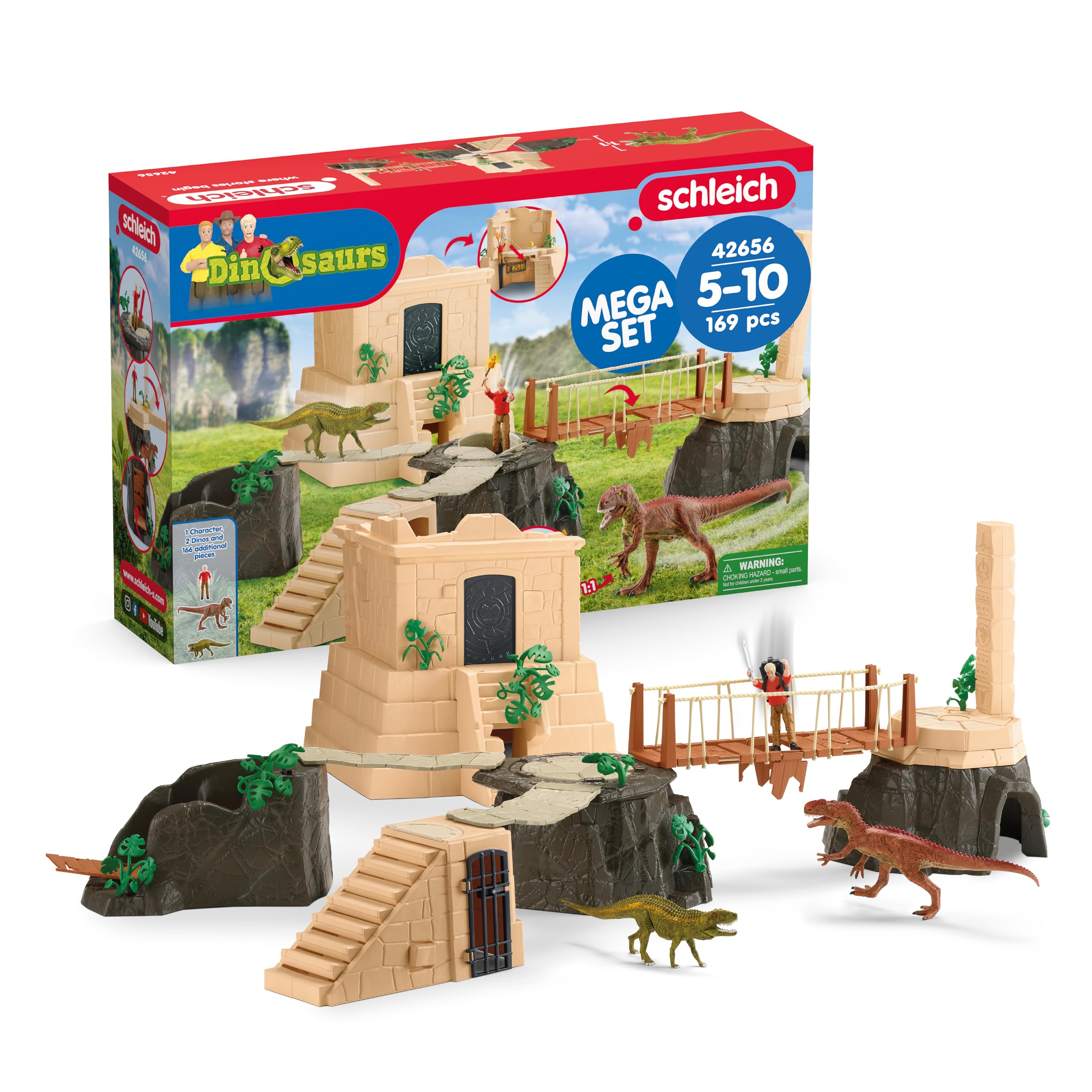 Schleich Dinosaurs 42656 | Dino Tempel-Eroberung Mega-Set | mit Flynn, 2 Dinos und einem Schatz | tolles Geschenk für Mädchen und Jungen | Spielzeug ab 5 Jahren | Dinosaurier Set aus 169 Teilen