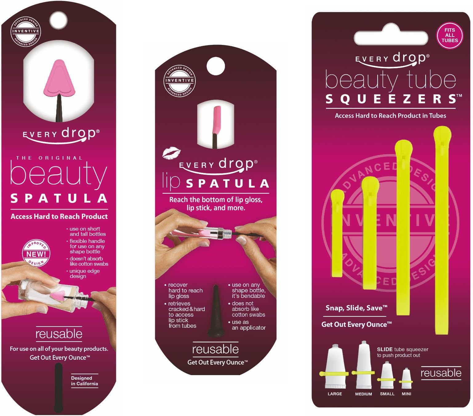 Every Beauty Drop Makeup Money Saving Cosmetic Tools Set of 3. Includes 1 Beauty Spatula, 1 Lip Spatula and 1 Tube Squeezer (containing 4 sizes).