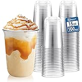 Homestockplus 15 oz Clear PET Plastic Cups 100 Pack - U-Shaped Disposable Open-Top Plastic Cups, Crystal Clear Ice Coffee Cups To Go for Iced Coffee, Smoothies, Bubble Tea & Outdoor Gatherings