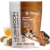 WELLNESS LABSRX Mushroom Powder, 25 in 1 Mushrooms Supplement - 2000mg, 25 Superfood Mishroom Lions Mane Powder with Chaga, Shiitake, Cordyceps, Reishi - Lion's Mane Mushroom - 120 Servings
