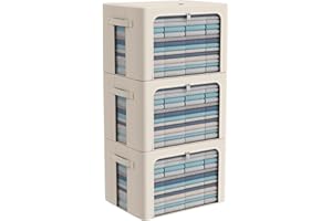 CYHOM 3Pack Frame Storage Box - Clothes Storage Bin Bags Oxford Fabric Foldable Stackable Container Organizer Set with Clear Window & Carry Handles Large Capacity (Beige, Large-66L)
