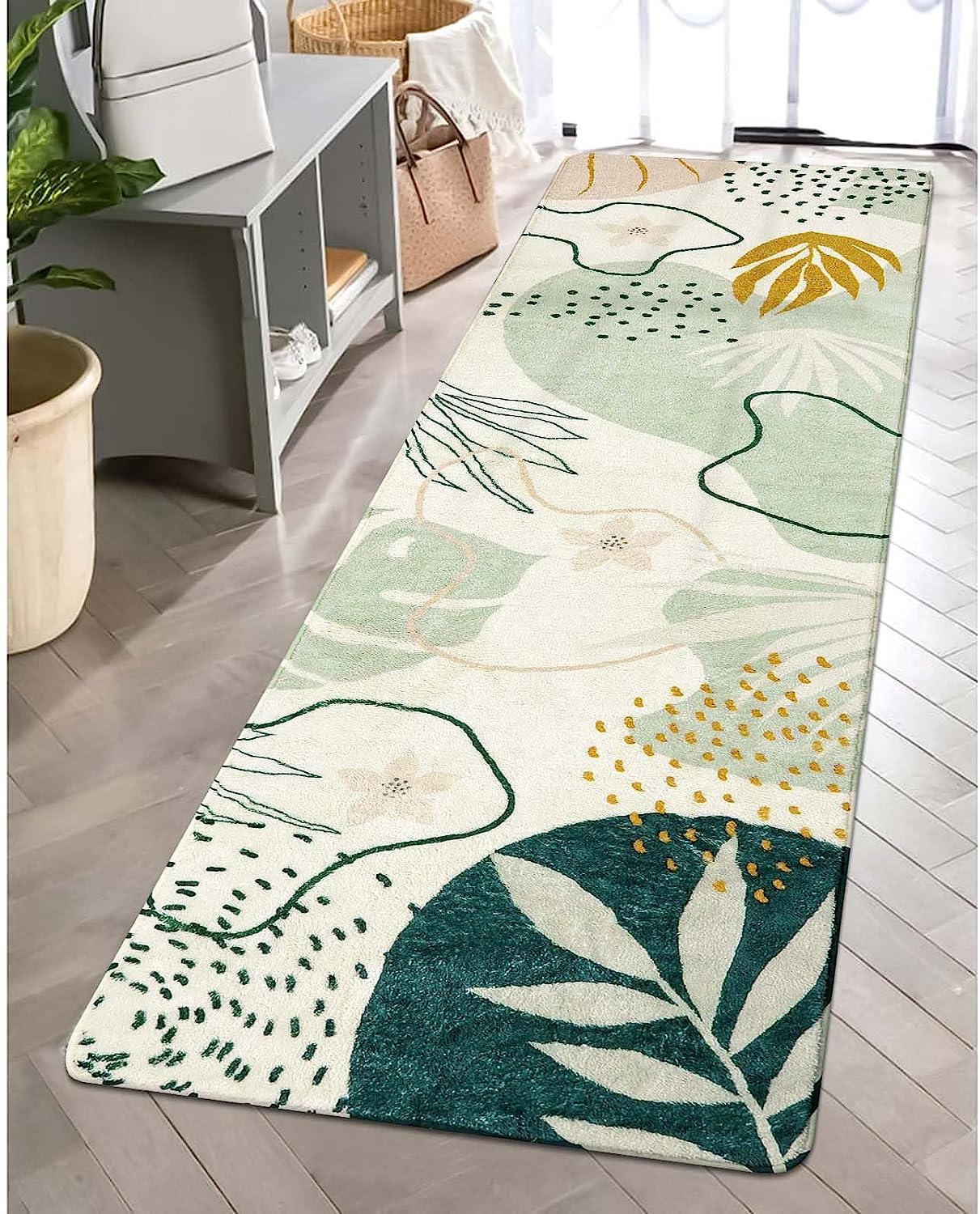 Photo 1 of Lahome Green Hallway Runner - 2x6 Washable Kitchen Rug Boho Non-Slip Low-Pile Laundry Room Rug Soft Bathroom Runner Botanical Print Throw Carpet for Entrance Bedroom Living Room