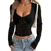 KWSTAIN Lace Tops for Women Sexy Long Sleeve Stretchy Floral V Neck Blouse Shirts Slim Fitted Going Out Crop Top with Bow Y2K
