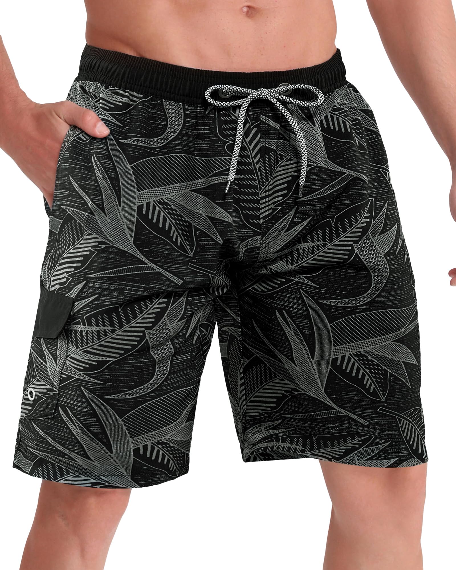 Photo 1 of BOJIN Mens Swim Trunks Quick Dry Swim Shorts Mesh Lining Bathing Suit Swimwear Beachwear BJ370 Black Leaf 3XL