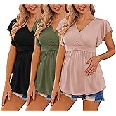 Ekouaer Maternity Shirts 3 Packs Flying Short Sleeve Nursing Tops Pregnancy Clothes