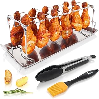 Amazy Hähnchenschenkel Halter inkl. Auffangschale + BBQ-Pinsel + Bratzange – Hochwertiger Geflügelhalter aus Edelstahl für gleichmäßig gegarte Hähnchenkeulen aus dem Backofen oder vom Grill