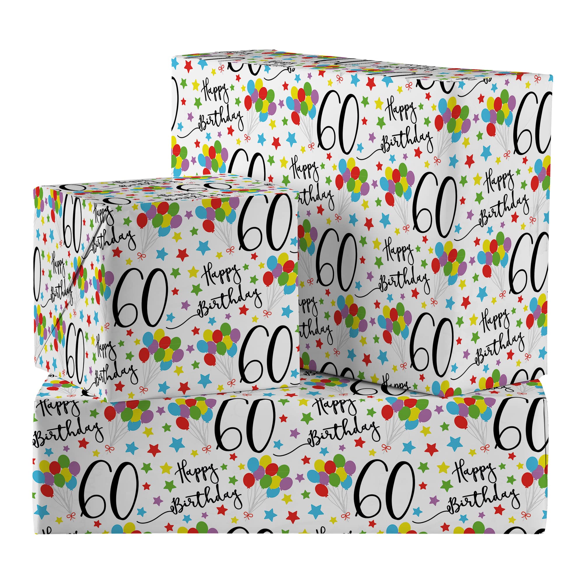Hunts England - 2 Sheets Of 60th Birthday Luxury Wrapping Paper - Includes 2 Gift Tags - Age 60 Folded Gift Wrap For Him/Her - Iconic Collection - Colourful Age Sixty Gift Wrap For Men/Women