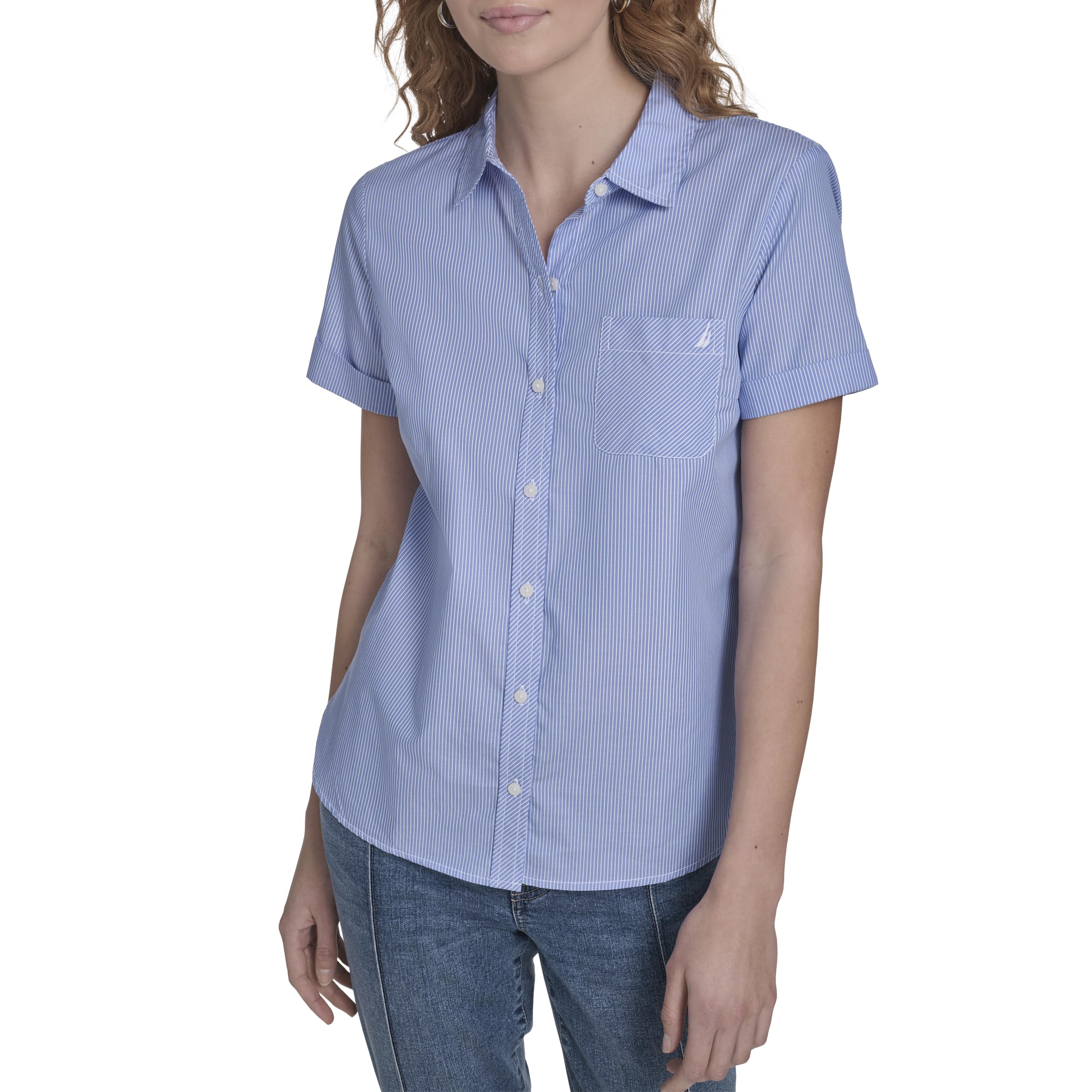 Nautica Women’s Short Sleeve Collared Button Up Camp Shirt, Blue/White, Medium