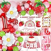 Berry First Birthday Decor Strawberry 1st Birthday Decorations for Girls,Berry First Party Supplies Strawberry Theme Backdrop Balloons Photo Banner, Cake Topper