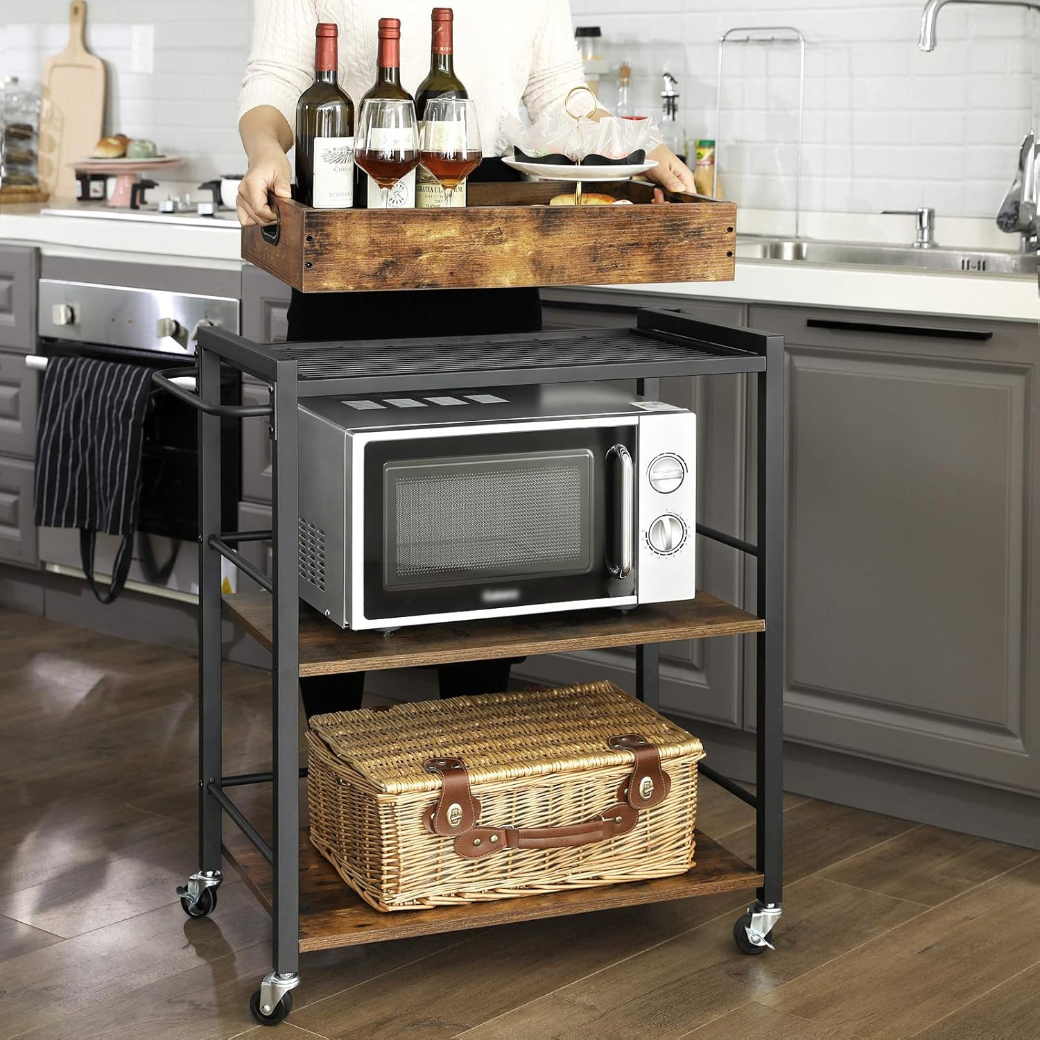 VASAGLE Bar Cart, Kitchen Serving Cart, Utility Cart with Wheels and Handle, Universal Casters with Brakes, Leveling Feet, Rusic Brown and Black ULRC72X: Furniture & Decor