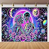 BlissYard Skeleton Love Galaxy UV Black Light Tapestry 78x59 Inches Art Color Neon Light Background Bedroom Living Room Wall Party Decoration Gothic Romance Psychedelic Celestial Skull Couple Decor