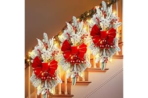 Hiboom 3 Pack Artificial Christmas Teardrop Swags 24" Xmas Cordless Prelit Stairway Swag Christmas Garland Stairs Rails Decoration with LED Lights for Indoor Outdoor(Red,Delicate Style)