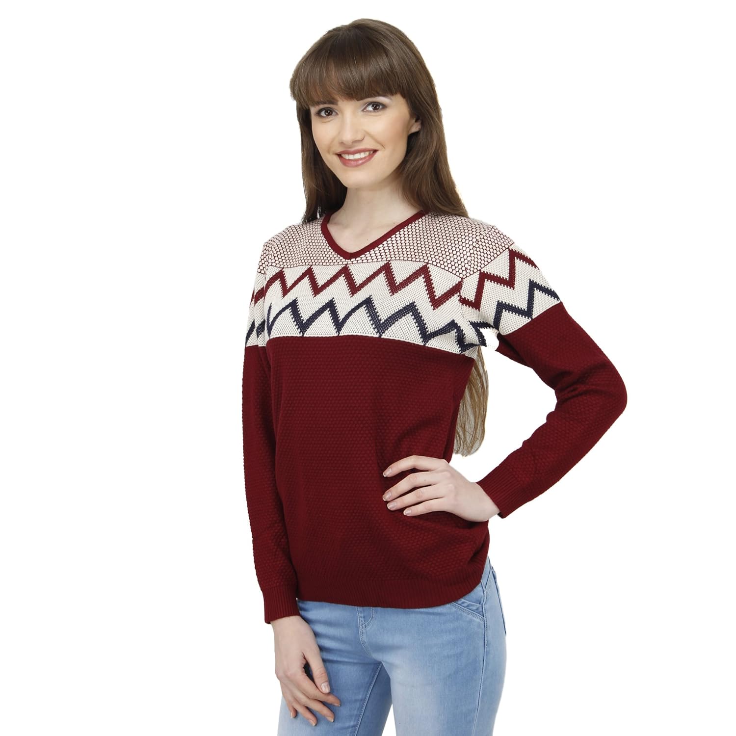 camey women's acrylic winter zig-zag woolen top (red, free size)