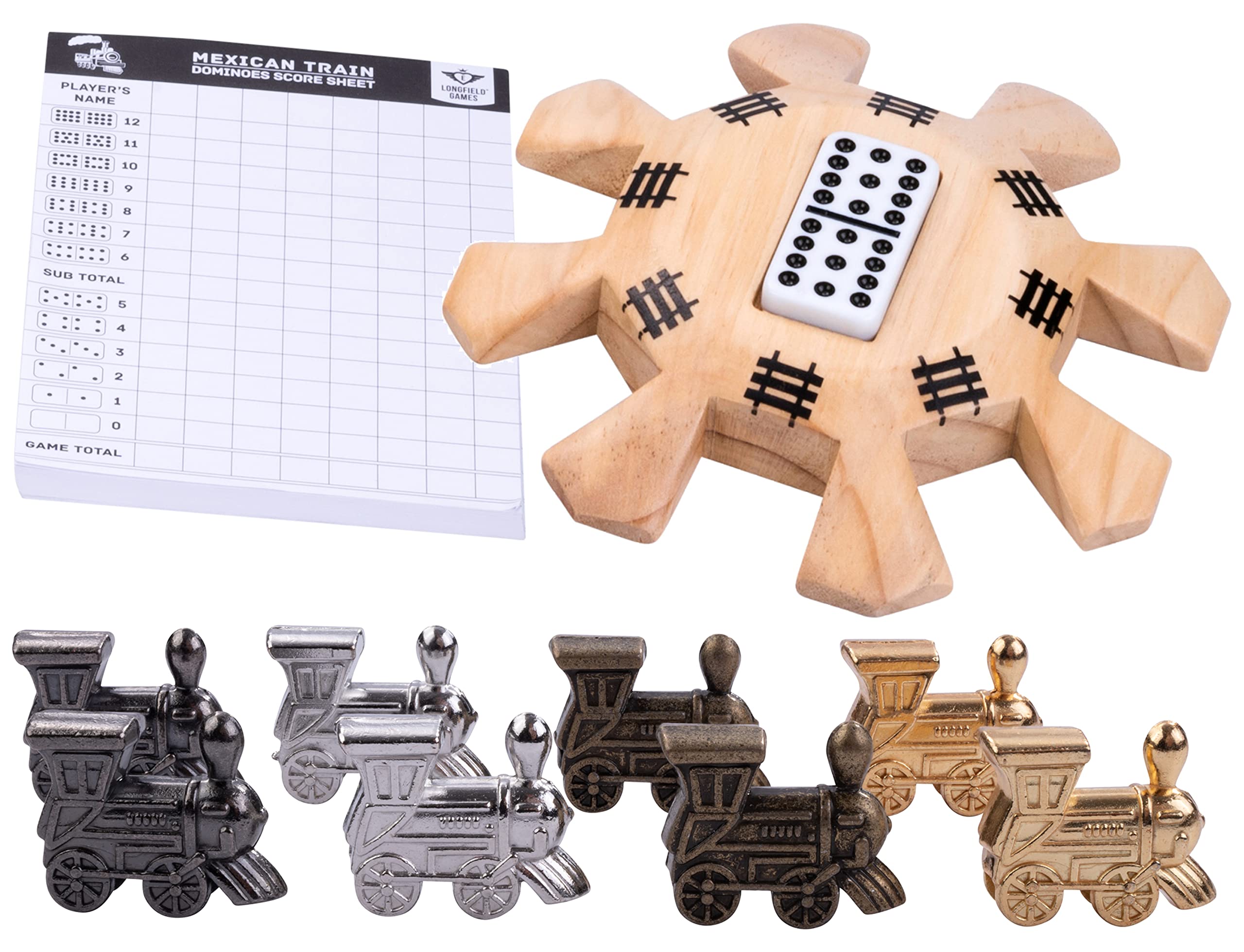 Engelhart - 250112 - Mexican Train Domino Accessories - 1 Wooden Station + 8 Metal Locomotives + Score Pad - Domino Game Accessory