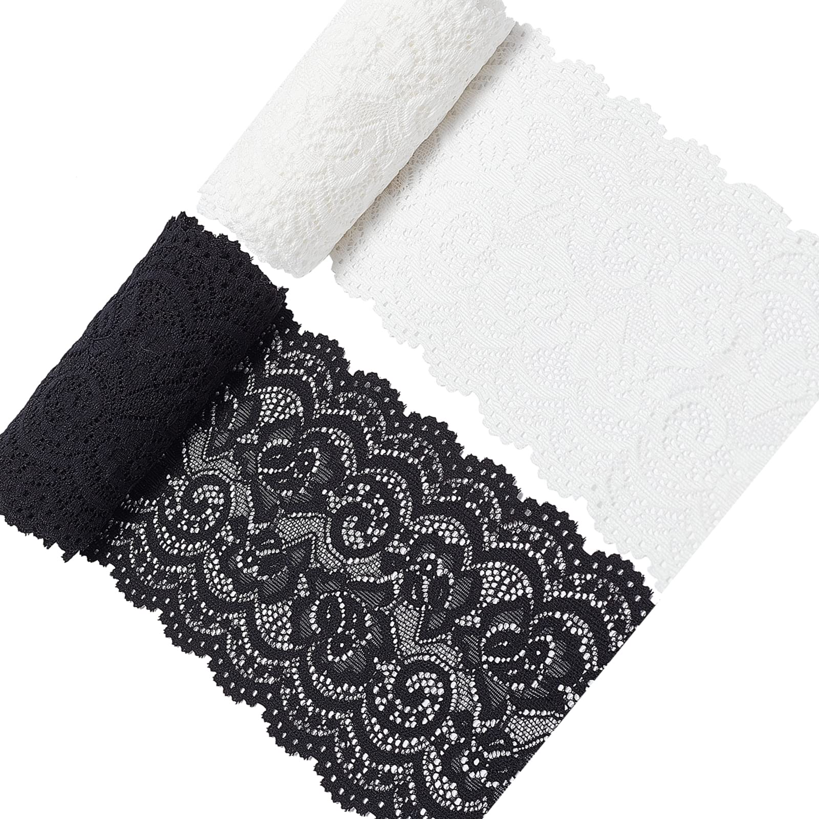 GORGECRAFT 5 Yards 2 Rolls 4 Inch Wide Stretch Elastic Lace Ribbon White Black Floral Rose Pattern Trim Fabric for DIY Sewing Craft Costume Hat Hair Band Tablecloth Wedding Decoration Supplies