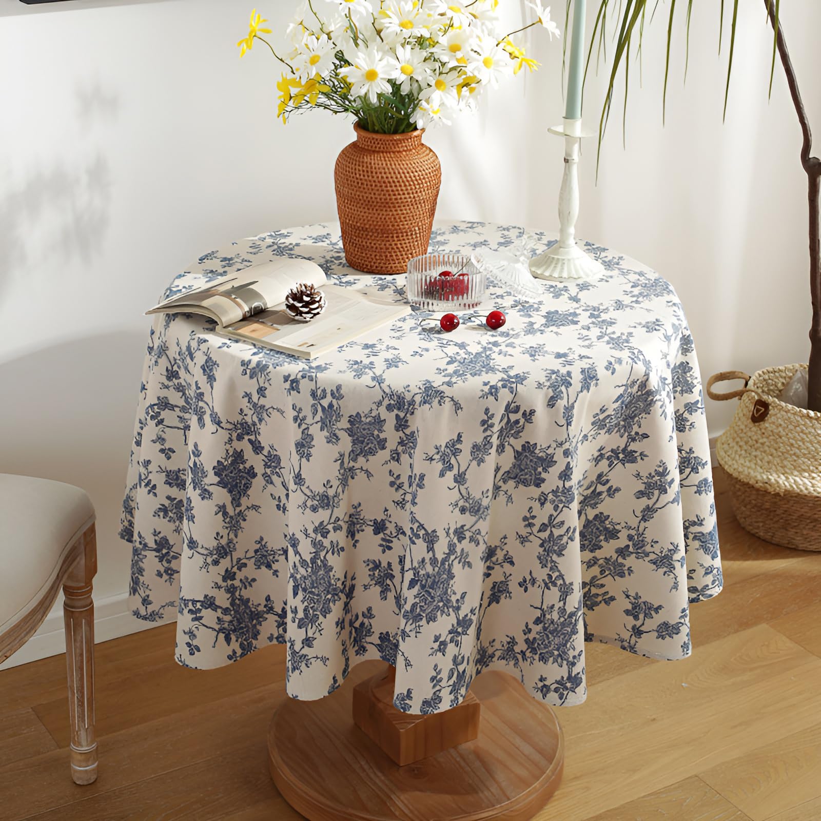 KUAOOAUK Blue Floral Pastoral Round Tablecloth, 55 Inch Vintage Cotton Linen Table Cloth, Washable Table Cover with Dust-Proof Wrinkle Resistant for Indoor&Outdoor Kitchen Dinning Picnic Decoration