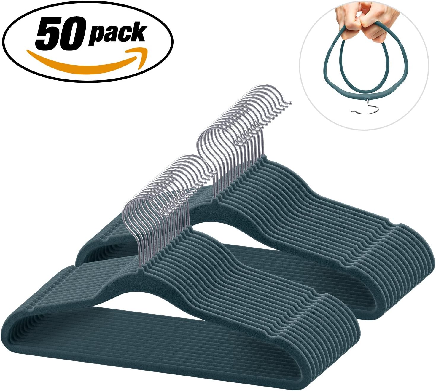 IEOKE Velvet Hangers, Clothes Hangers Non Slip Coat Hanger Ultra Thin Space Saving with Heavy Duty 360 Swivel Hook-50 PACK(Gray)